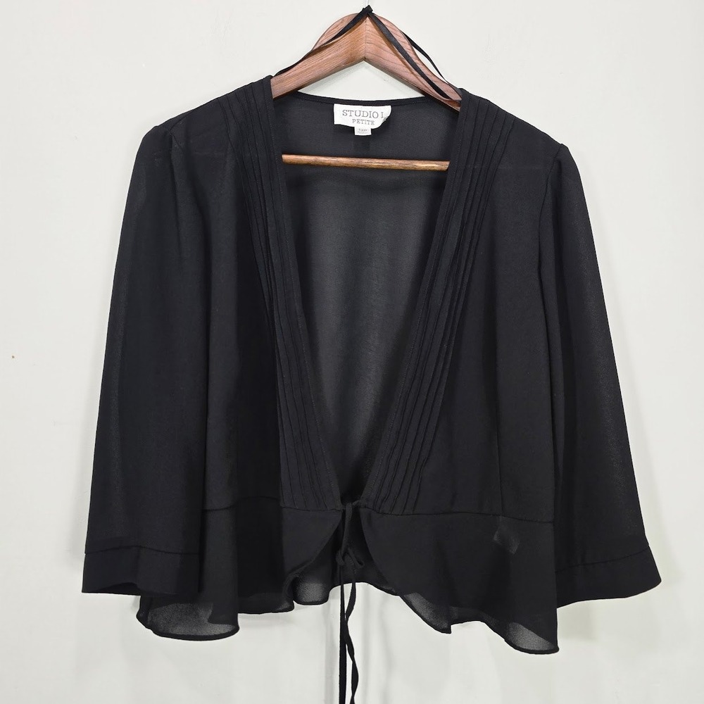 Studio I‎ Petite Peplum Wrap Blouse 12P Black Semi Sheer Balletcore Goth Career